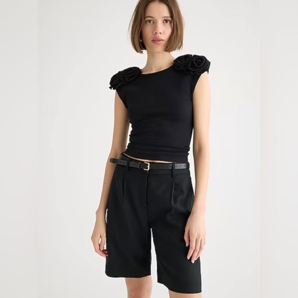 J.Crew Vintage Rib Rosette T-Shirt Black Floral Shoulder Top Small